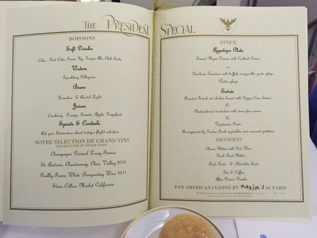 Pan Am dinner menu